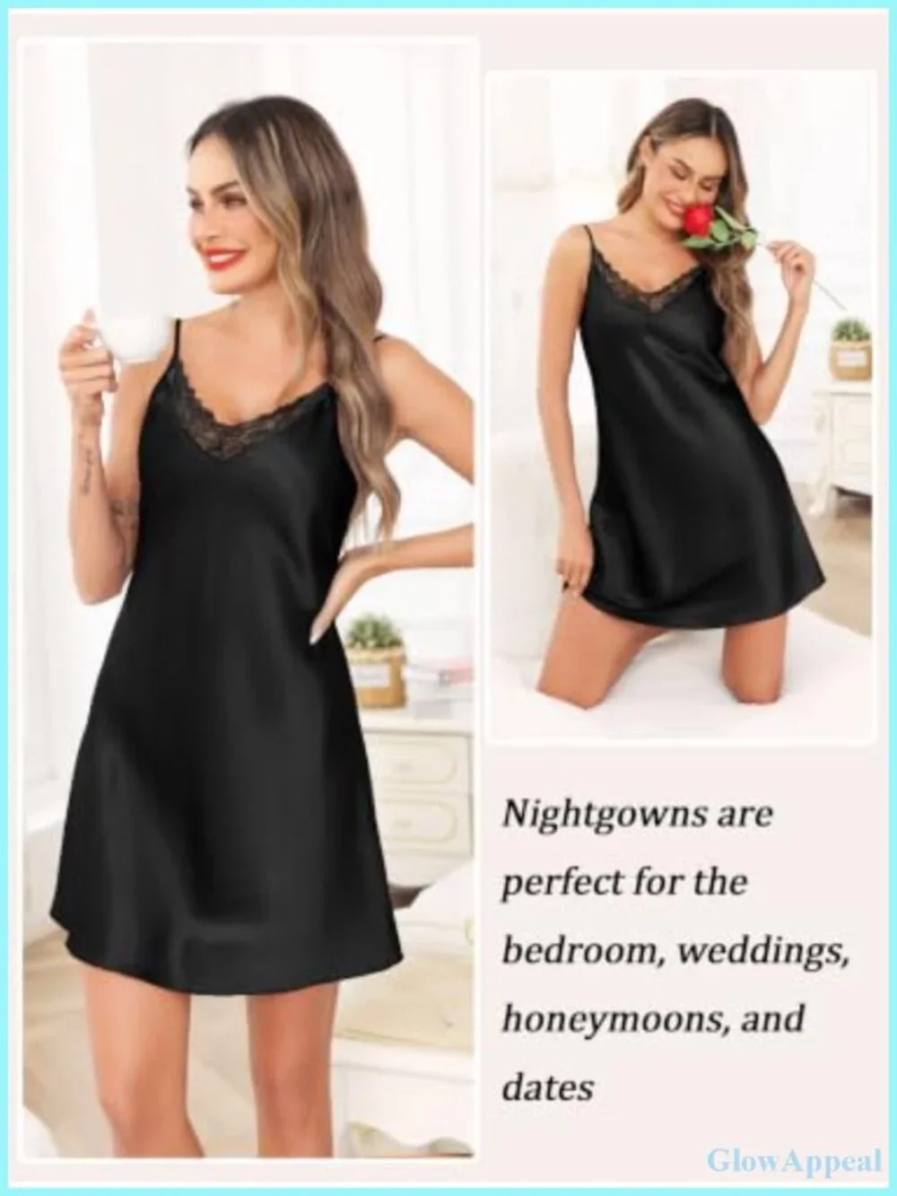 Satin Nightgowns for Women 2 Pack V Neck Lace Trim Silky Mini Slip Dress